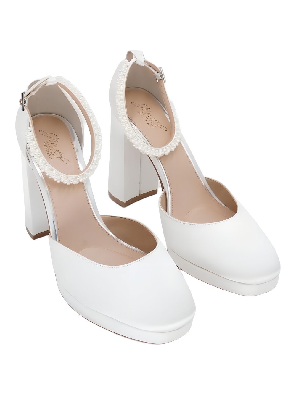 Jewel Badgley Mischka Noble Bridal 4.5 Inch Block Heel Pumps Ivory Size 11M